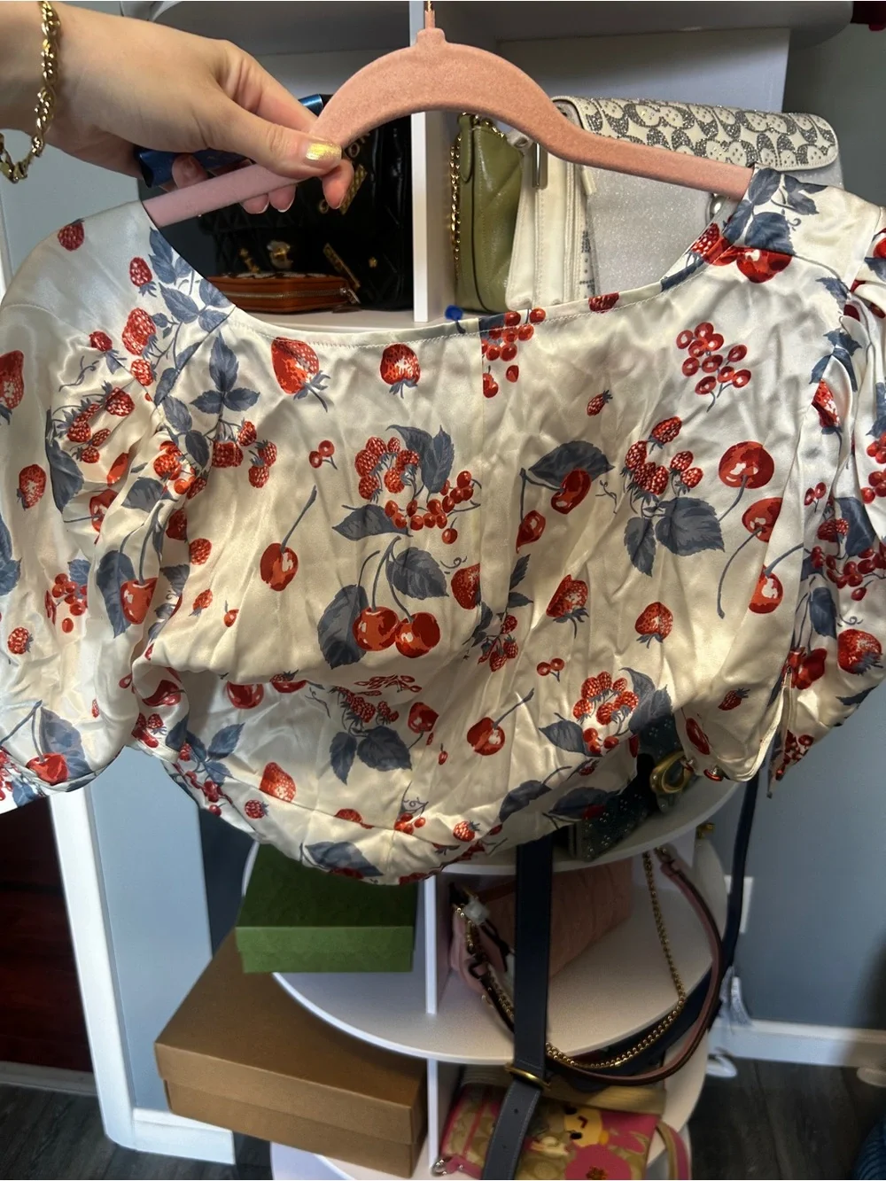 Reformation White Cherry-Print Puff Sleeve Blouse
